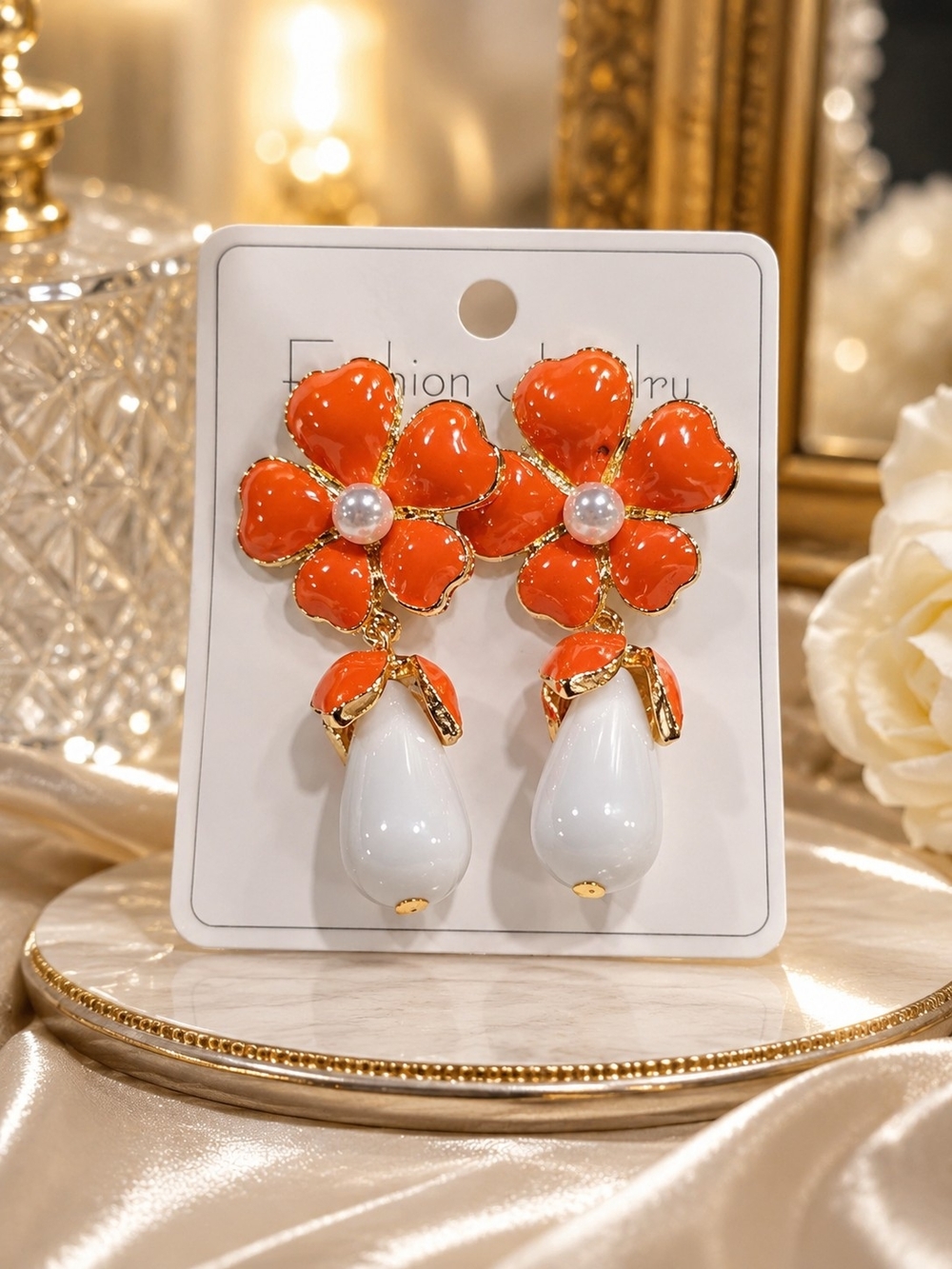 Elegant Orange Flower Drop Earrings with White Teardrop